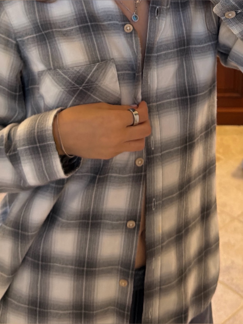 Abercrombie & Fitch Gray & White Plaid Button-Front Jean Jacket